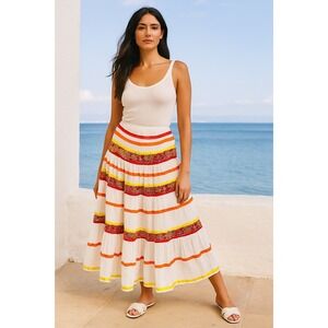 Vtg Old Navy Skirt Women M White Striped Maxi Boho Festival Low Rise Embroidered